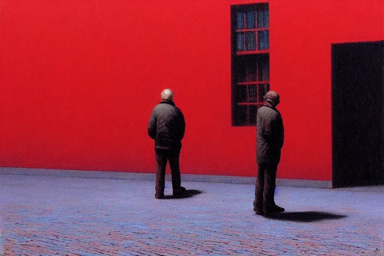 Image similar to only with red, a red old man try to sell a portrait, in a old city square, cheering crowd, in the style of beksinski, parts by edward hopper, parts by rodcenko, parts by yue minjun, intricate and epic composition, red by caravaggio, insanely quality, highly detailed, masterpiece, red light, artstation, 4 k