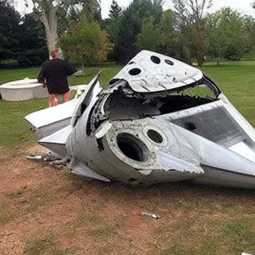 Prompt: my friend told me about this spaceship that crashed in their yard. i didn't believe them at first but then i saw this...