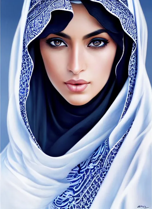 Prompt: arab female ameera al taweel, blue eyes, black hair, white veil, in the style of stefan kostic, realistic, sharp focus, 8k high definition, insanely detailed, intricate, elegant, art by stanley lau and artgerm