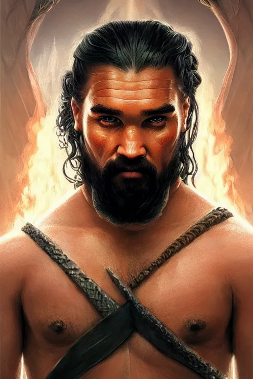 Prompt: beautiful, ethereal khal drogo portrait, intricate art deco dragon designs, elegant, highly detailed burning background, sharp focus, game of thrones art by artgerm and beeple and greg rutkowski and wlop