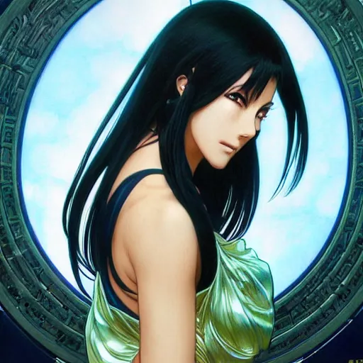 Image similar to highly detailed vfx portrait of nico robin by eiichiro oda!, makoto shinkai, alphonse mucha, sharp focus, art by artgerm and greg rutkowski!, backlit, harsh overhead sunlight, blue eyes!!, large aquiline nose!!, stanley kybric, kaoru mori, shadows, best of behance,