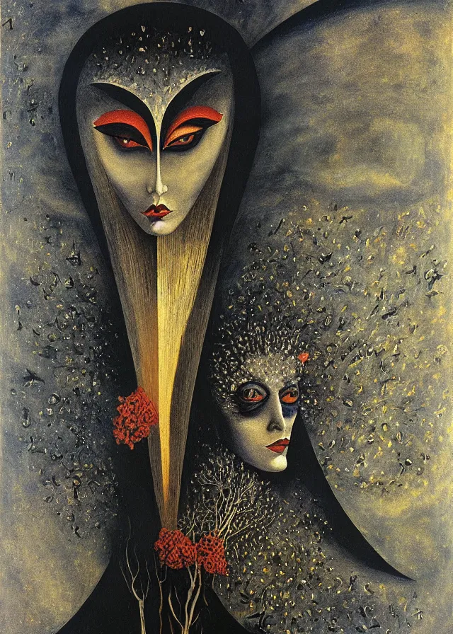 Image similar to the queen of the moon, ominous, surreal, dark and poetic, painted on masonite, by remedios varo