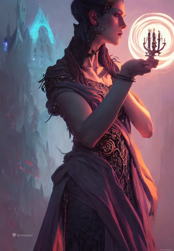 Image similar to Necromancer Sorceress in center, fantasy magic, undercut hairstyle, dark light night, intricate, elegant, sharp focus, illustration, highly detailed, digital painting, concept art, matte, art by WLOP and Artgerm and Greg Rutkowski and Alphonse Mucha, masterpiece