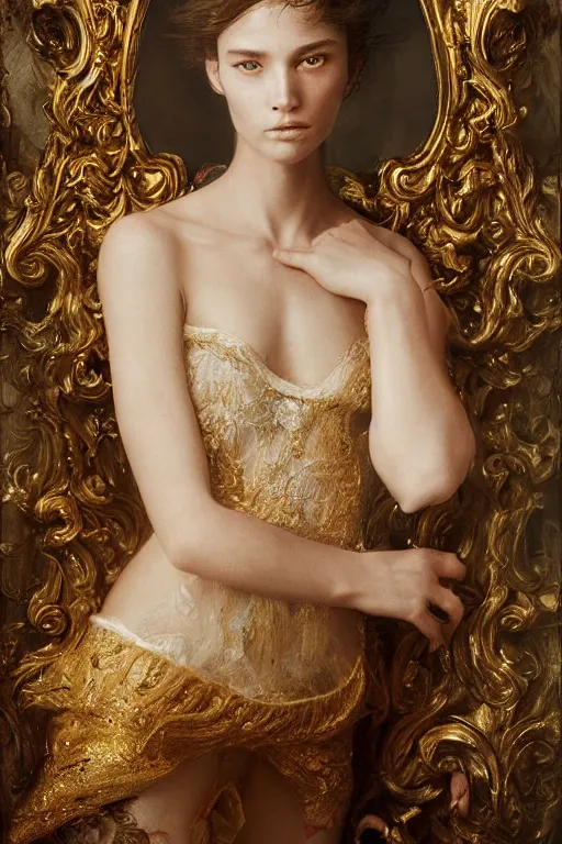 Prompt: portrait of a beautiful 20-year-old woman by Mario Testino, in style of Ruan Jia, insanely detailed and intricate, golden ratio, elegant, ornate, luxury, elite, matte painting, cinematic, cgsociety, James jean, Brian froud, ross tran, Laputa