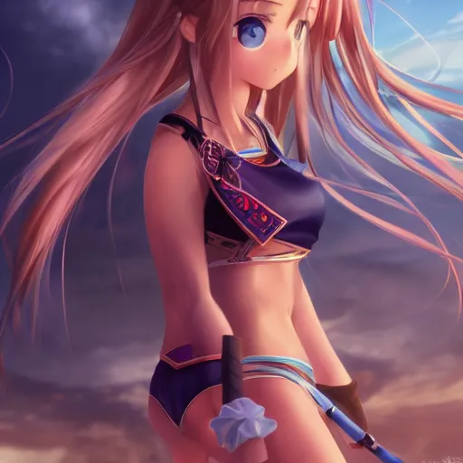 Image similar to a giant macro very beautiful young yuuki asuna, full body, long wavy hair, sky blue eyes, full round face, bikini, miniskirt, standing next to a dwarf, cinematic wallpaper by stanley artgerm lau