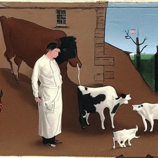 Prompt: butcher giving milk to a cat, while being watched by a cow