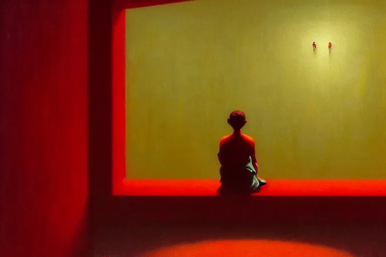 Image similar to only with red, netflix studios with workers at work, a big mickey mouse head in the middle, in the style of beksinski, parts by edward hopper, parts by rodcenko, parts by yue minjun, intricate and epic composition, red by caravaggio, insanely quality, highly detailed, masterpiece, red light, artstation, 4 k