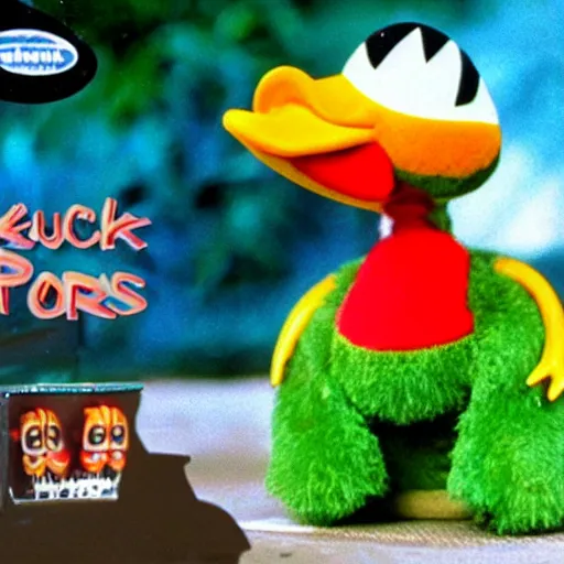 Image similar to duck creature, toy commercial from the 90s, vhs footage, haunted