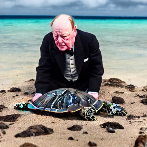 Image similar to An astonished Winston Churchill discovers the first turtle ever in Galapagos, XF IQ4, f/1.4, ISO 200, 1/160s, 8K, RAW, unedited