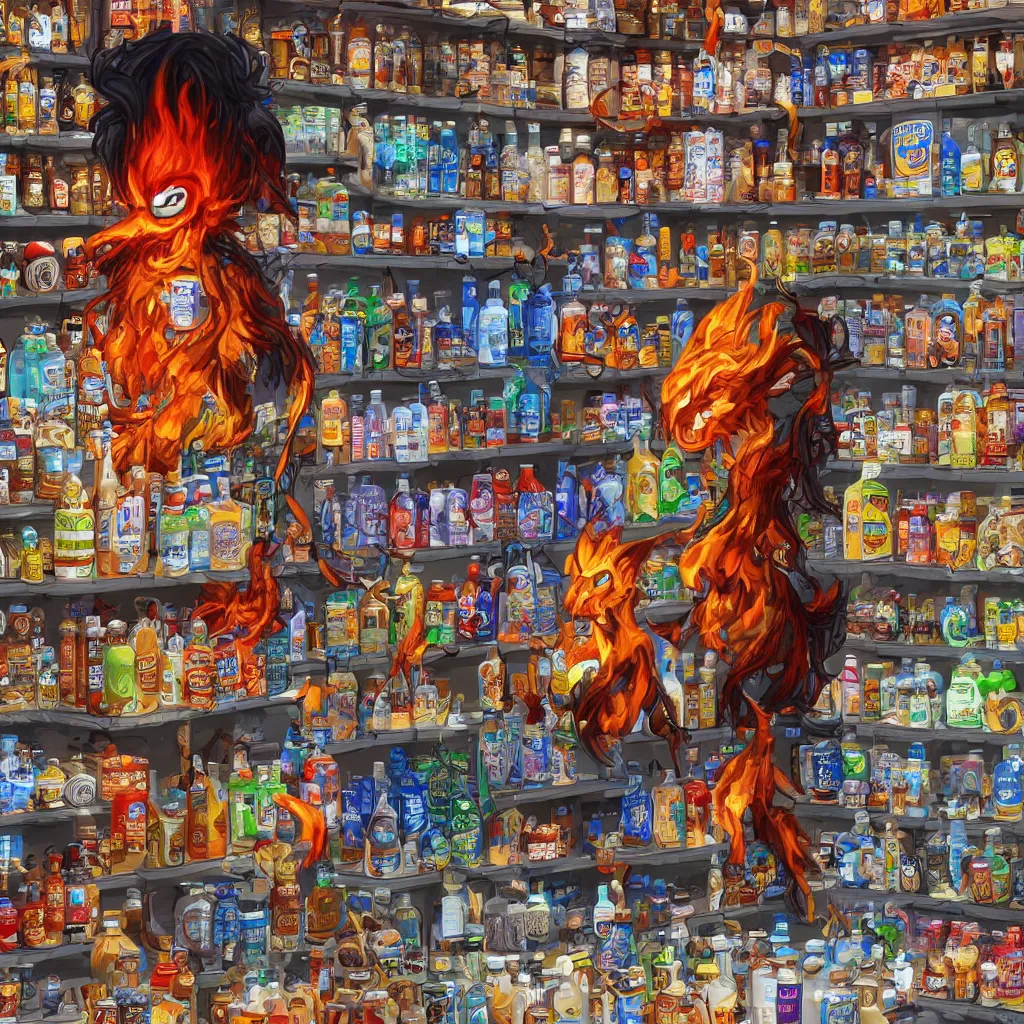 Prompt: a fire spirit in a store contemplating which brand of water to buy while shopping, 4k digital art, highly detailed