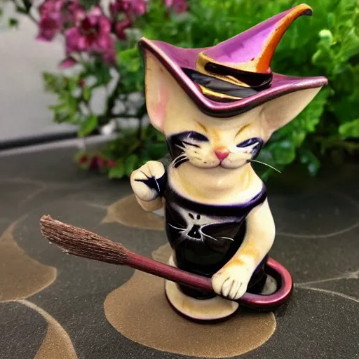 Prompt: a ceramic figure of a retro kitten wearing a witch hat and riding a broom