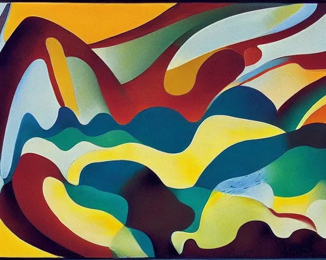 Image similar to A wild, insane, modernist landscape painting. Wild energy patterns rippling in all directions. Curves, organic, zig-zags. Saturated color. Mountains. Clouds. Rushing water. Wayne Thiebaud. Arthur Dove. Zao Wou-ki.