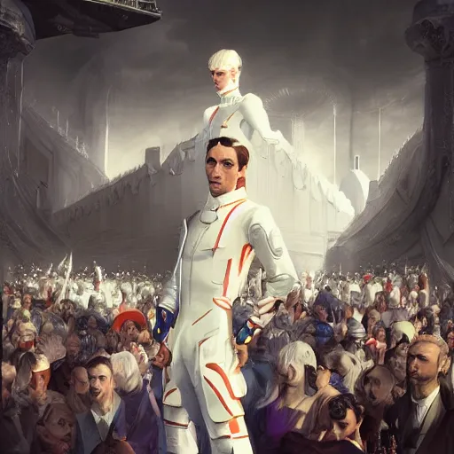 Image similar to portrait of a regal prince in futuristic white clothes, high collar, sharp cheekbones, hopeful expression, surrounded by a crowd of furious people out of focus, matte painting, digital art, stylized, highly detailed, by cedric peyravernay