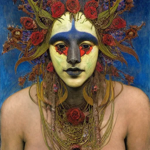 Image similar to masterpiece painting of a dark flower shaman, by annie swynnerton and jean delville and tino rodriguez and diego rivera, facemask made of flowers, art brut, outsider art, symbolist, dramatic lighting, god rays, elaborate geometric ornament, clean crisp graphics, smooth sharp focus, extremely detailed, adolf wolfli