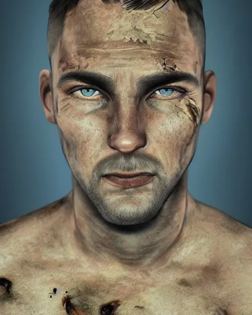 Image similar to portrait of muscular, tired and alcoholic 3 0 - year - old grieving man with short darkblonde hair, serious sad look in his eyes, looking down, dirty beard, blue eyes, crying tears, wearing dirty soldier uniform, on the desert, sad atmosphere, hyper realistic face, character art, art by artgerm, cryengine, trending on artstation, digital art