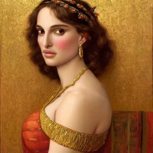 Image similar to beautiful_golden_portrait_of_a_Natalie_Portman_a s_Grand Odalisque_intricate_oil_paintingby Jo hn_William_Godward_by_Anna_Dittman_by J-H 768-C9.0