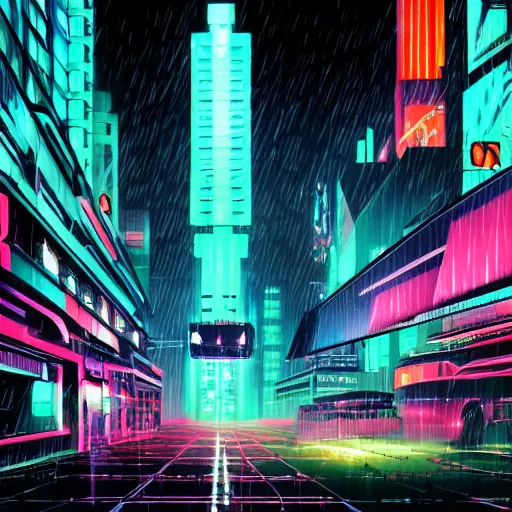 Prompt: cyber punk, futuristic, neo Tokyo, blade runner city concept art, in the style of Syd Mead, award winning illustration, neon lights, raining