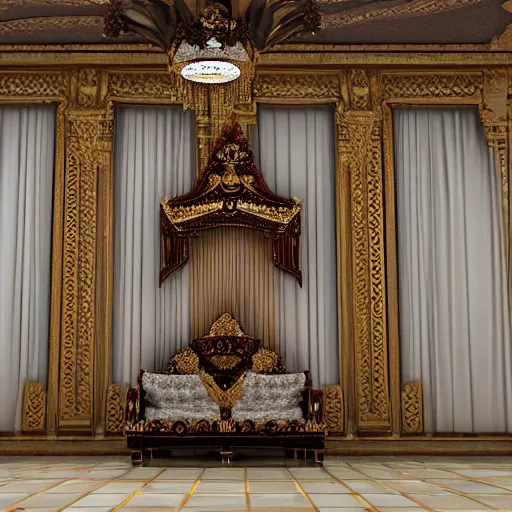 Image similar to photorealistic 3 d octane render of a gigantic royal palace throne room