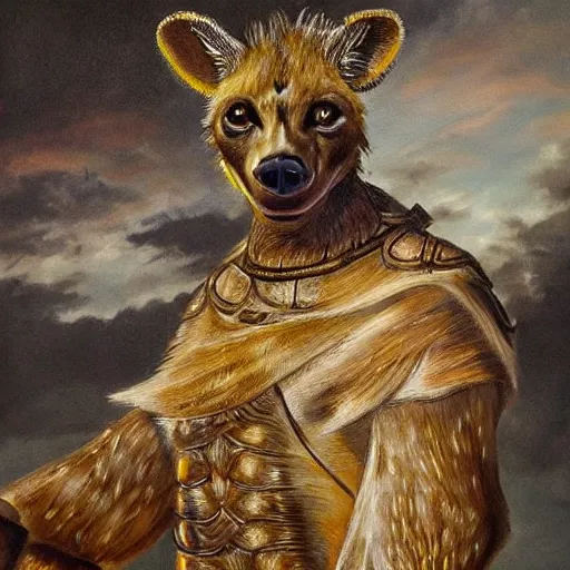 Prompt: A very detailed oil painting of an anthropomorphic hyena dressed like a Hoplite, Ancient Greece, backlit, very beautiful painting