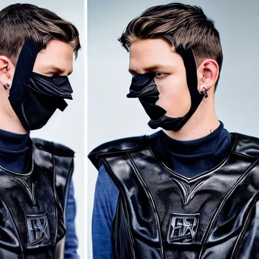 Image similar to medium face shot of adult Austin Butler with exposed head ((((mask)))), dressed in black-prussian blue futuristic-tudoresque clothing with embroidered-Ram-emblem, and nanocarbon-vest, in an arena in Dune 2021, XF IQ4, f/1.4, ISO 200, 1/160s, 8K