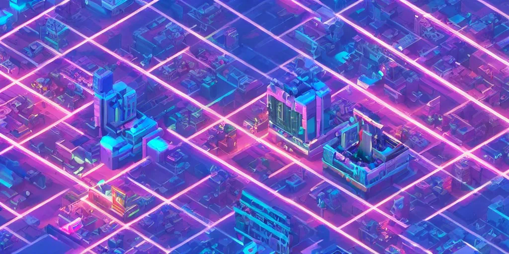 Image similar to isometric voxel art cyberpunk future city at night pink and blue c4d