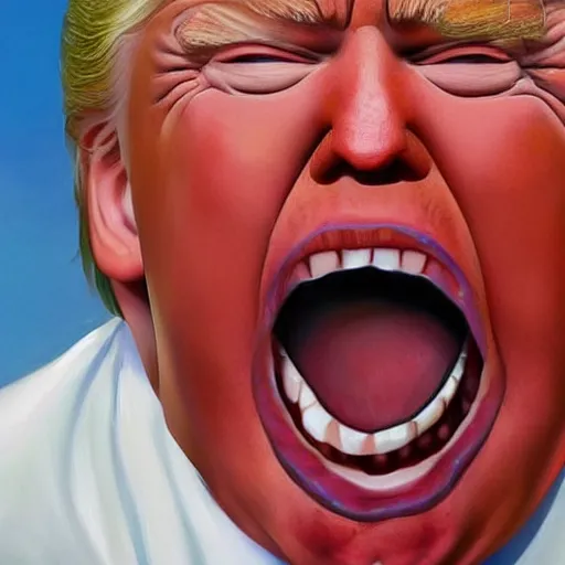 Image similar to Hyperrealistic portrait of sweaty Donald Trump with mouth wide open and spittle spraying, very detailed, 8k, portrait, oil painting
