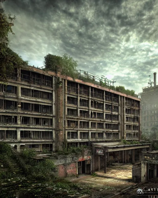 Image similar to a beautiful detailed render of industrial architecture building parking garage urbex abandoned city nature architecture unfinished building by camille pissarro, bioshock otherworldly, archdaily, wallpaper, highly detailed, trending on artstation.