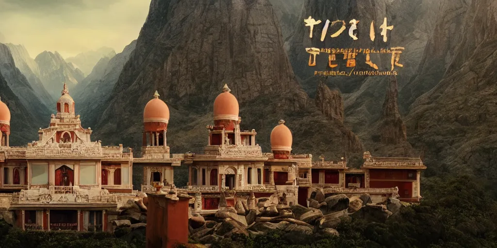 Image similar to a very high resolution image from a new movie, upside - down old temple, beautiful scenery, photorealistic, photography, directed by wes anderson