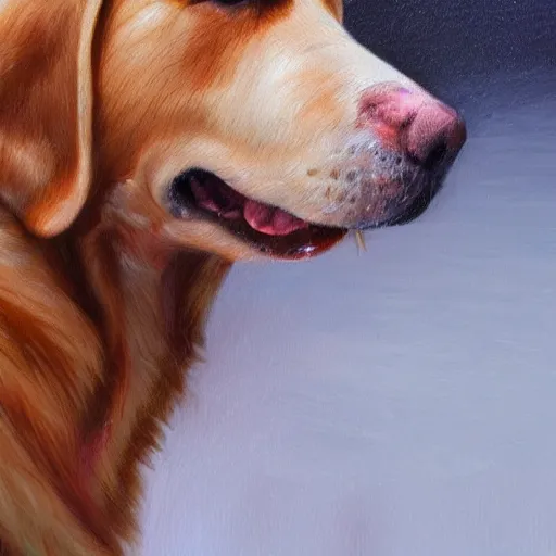 Image similar to drops of ice cream dripping from the top of the nose of a dog, highly realistic photography, high quality, artstation, oil painting