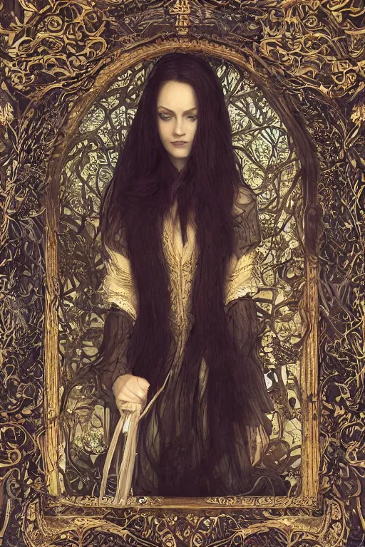 Image similar to An extremely beautiful pre-raphaelite ornate portrait of a very beautiful witch, ultradetailed, intricate, elegant, digital art painting, concept art, smooth, sharp focus, magazine art cover illustration, regal, award winning picture, extremely detailed masterpiece, sense of awe, featured on Artstation, Artgerm, ethereal bubbles, Aetherpunk, atmospheric lightning, Exquisite floral details, 8K detail post-processing