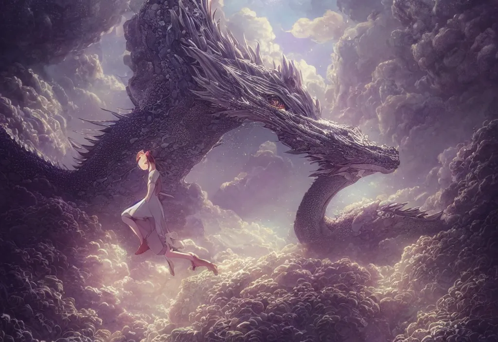 Image similar to the beautiful hyper detailed scene render that a lonely single beautiful girl lies in the arms of a huge silver dragon alone in the fairyland surrounded by white clouds, in the style of makoto shinkai victo ngai and peter mohrbacher studio ghibli artgerm karol bak beeple, animation style, 8 k hd, dream, ultra wide angle, animation style