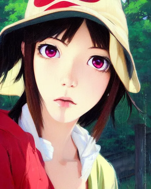 Image similar to girl waering hemp hat | | very very anime!!!, fine - face, audrey plaza, realistic shaded perfect face, fine details. anime. realistic shaded lighting poster by ilya kuvshinov katsuhiro otomo ghost - in - the - shell, magali villeneuve, artgerm, jeremy lipkin and michael garmash and rob rey