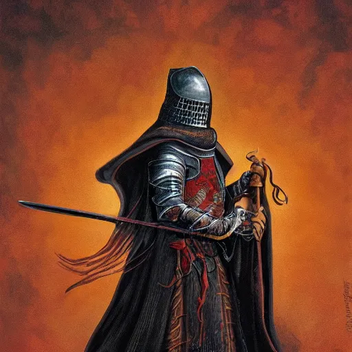 Prompt: HD character illustration high detail by Michael Whelan of %Geddy Lee% as a medieval warlock-knight.