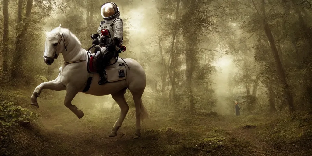 Image similar to a single astronaut riding on the back of a white horse through a forest, a detailed matte painting by frieke janssens, featured on cgsociety, fantasy art, matte painting, reimagined by industrial light and magic, matte drawing