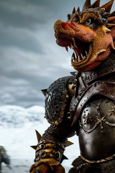 Image similar to very very intricate photorealistic photo of bowser in an episode of game of thrones, photo is in focus with detailed atmospheric lighting, award - winning details