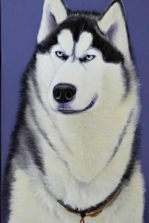 Image similar to a character design of a husky wearing a white vest, portrait painting