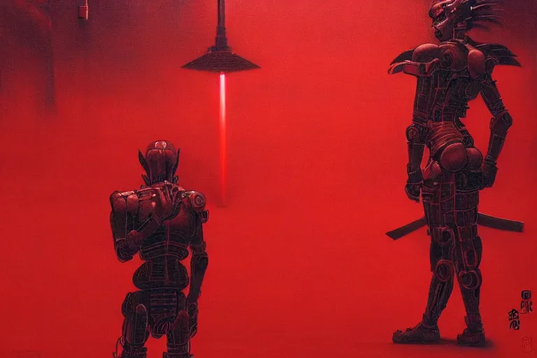 Image similar to only with red, a red cyborg samurai, tokio futuristic in background, some evil yokai fight, in the style of beksinski, parts by edward hopper, parts by rodcenko, parts by yue minjun, intricate and epic composition, red by caravaggio, insanely quality, highly detailed, masterpiece, red light, artstation, 4 k