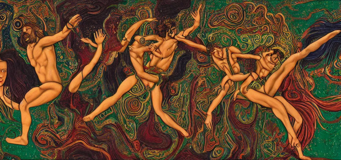 Prompt: an abstract spiritual background, multiracial greek gods dancing, green eyes. 2 4 mm, photorealistic, muted color scheme, directed by mati klarwein and mat collishaw