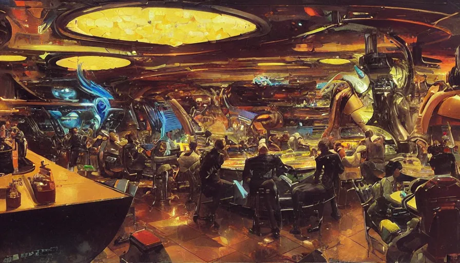 Image similar to Bounty hunters drinking in a futuristic bar surrounded by strange alien creatures, concept art by Ralph McQuarrie, by John Berkey, oil on canvas, highly detailed, science fiction