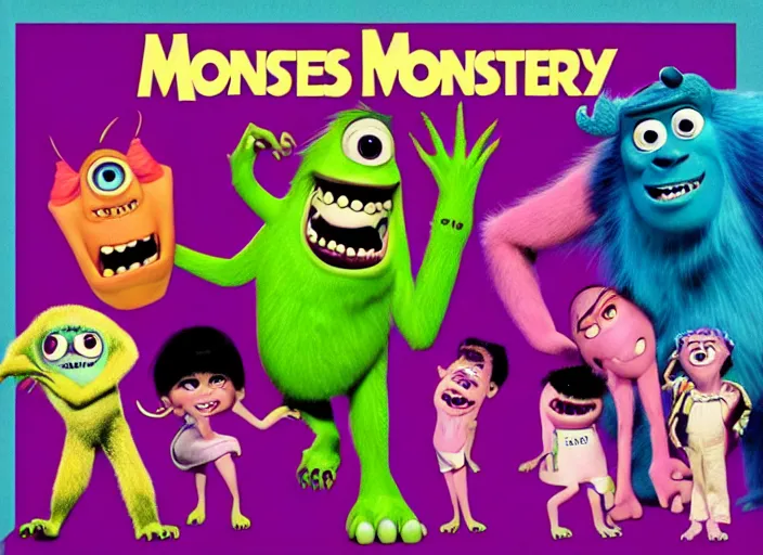 Image similar to monsters inc 1 9 8 0 s pop band, detailed facial expression, surrealism aesthetic