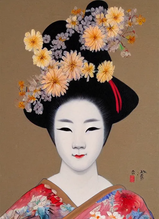 Image similar to detailed oil painting of geisha with flower grow out from the face, james jean, chogiseok, baroque, impressionism, cool temperature