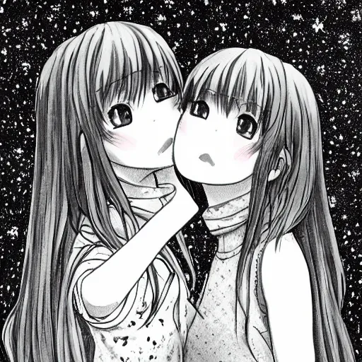 Image similar to portrait of two girls kissing, detailed manga art