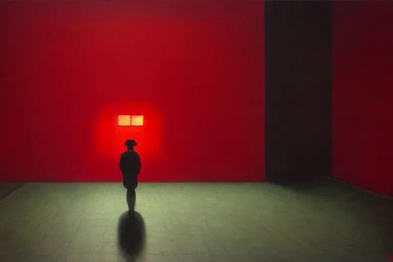 Image similar to only with red, netflix studios with workers, a big mickey mouse head in the middle of the room, in the style of beksinski, parts by edward hopper, parts by rodcenko, parts by yue minjun, intricate and epic composition, red by caravaggio, insanely quality, highly detailed, masterpiece, red light, artstation, 4 k