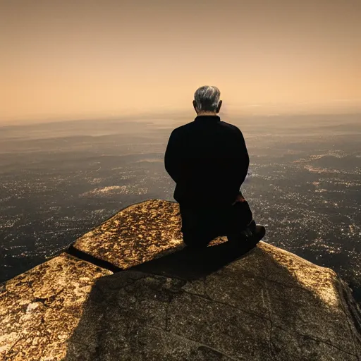 Prompt: An old and friendly looking catholic priest kneeled in prayer at the summit of a tall tower. The night sky is filled with a yellow shadow. 4K, photorealistic, dramatic lighting