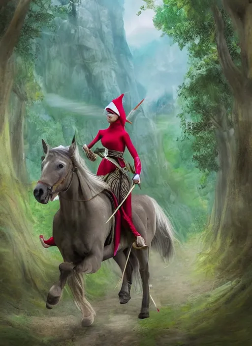 Image similar to an elf with a bow and arrow in her hand rides a horse through the woods. towards a village that is set in a cliff. mystical style