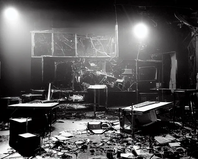 Prompt: diorama of a stage at a basement club, moody lights, broken computers and cables, glass shards, centered, composition by Hale Woodruff, 8k, concert documentary, b&w photography, cinematography by Jim Jarmusch, set design by Antonin Gaudí