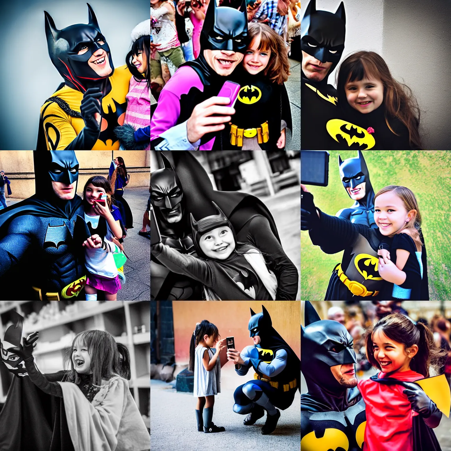 Prompt: Photography, A Batman taking a selfie with a little girl, big smile