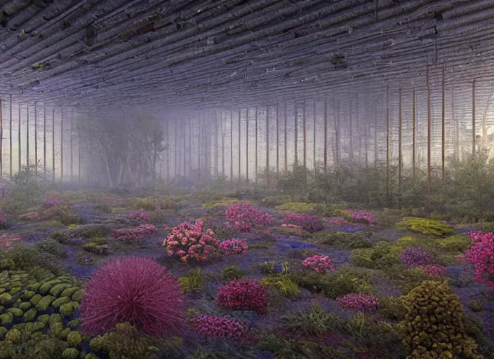 Image similar to rustic yet enormous SCP (Secure, Contain, Protect) agency interior with infinite rows of giant iridescent alien artifacts suspended in cylindrical containers made of gold and quartz by Simon Stalenhag, Zdiszlaw Beksinski, with vivid palette by James Gurney, overgrown with alien plants and flowers, inspired by Control the game, mysterious, eeriewave, hyperdetailed, dramatic camera angle with focus on infinity, octane render 8k, 4k, HDR, rtx on