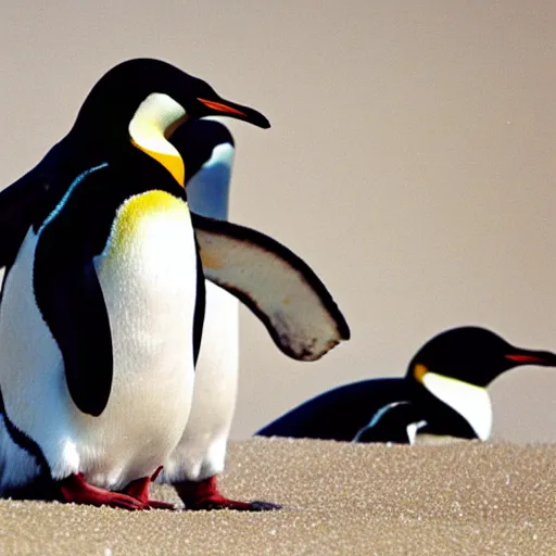 Image similar to penguins sliding in sand dunes, photography