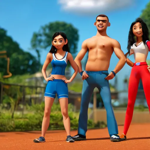 Image similar to young beautiful athletic Filipino woman with long hair standing beside a handsome caucasian athletic thin man with very short buzzed thinning hair, stubble beard on his face, blue eyes, they are posing, depicted as adult Pixar characters, high quality cg render, 4k